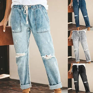 European and American denim straight leg pants with elastic oversized women's jeans ripped