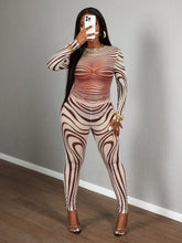 Sexy Sheer Mesh Zebra Print Bodycon Long Sleeve 2 Piece Set for Street Style Festivals Parties