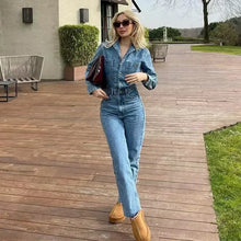 Autumn Denim Jumpsuit for Women  Long Sleeve Elegant  Turn Down Collar