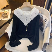 Women's Clothing Hollow Out Off Shoulder T-shirt Spring Autumn Long Sleeve Solid Color Spliced Stylish O-Neck Knitted Pullovers