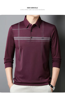 Men's  Warm  Long Sleeve Casual Polo  Business Style Stripe Printed Men's Top