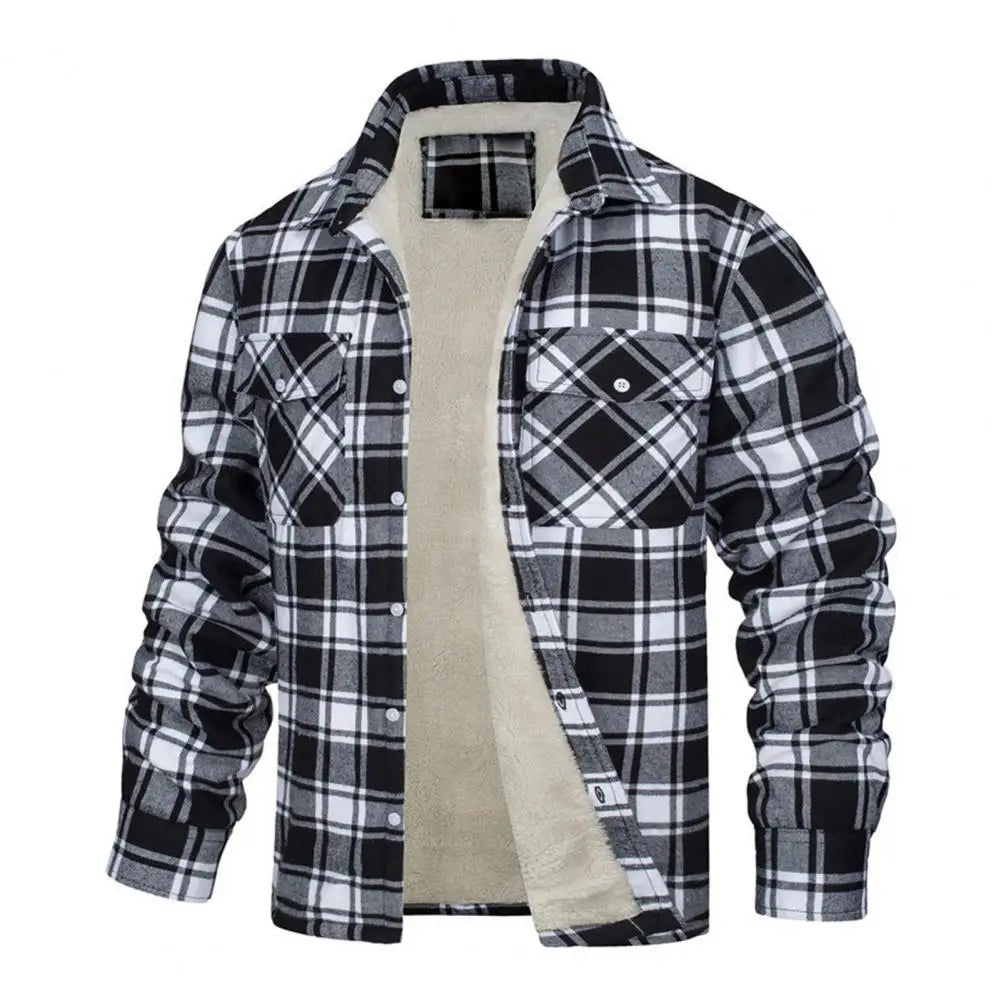 Men Fall Winter Jacket Plaid Print Lapel Soft Plush Long Sleeve Single-breasted Loose Thickened Casual Mid Length Men Coat