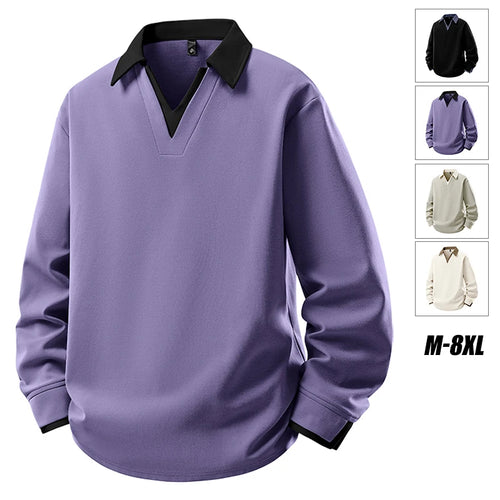 Big&Tall Men Sweatshirt Youth Fashion Plus Size Pullover V Neck Polo Sweatshirts Autumn Winter Loose High Streetwear 6XL 7XL 8XL