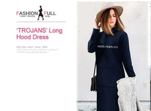 Loose Casual Hoodie Dress Women's Mid-Length Korean Style plus Size Print round Neck Empire Waist Long Sleeve Dress
