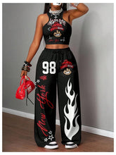Women's 2 Piece Outfits Graphic Crop Tank Low Rise Wide Leg Baggy Pants Set Hip Hop Streetwear