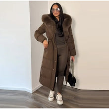 Winter Women Long Down Jacket Fur Hooded Zipper Brown Black Drawstring Padded Cotton Coats Fashion Lady All-matching Outerwear
