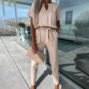 Elegant Women Fashion Jumpsuit V-Neck  Elastic Waist