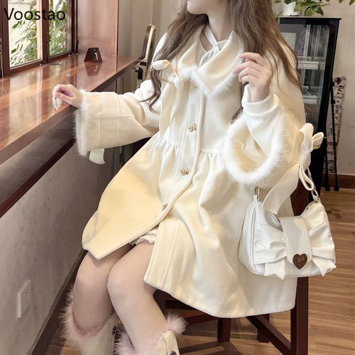 Autumn Winter Warm Lolita Style Woolen Coat Women Sweet Faux Fur Plush Patchwork Loose Jacket  Female Casual Outwear Tops