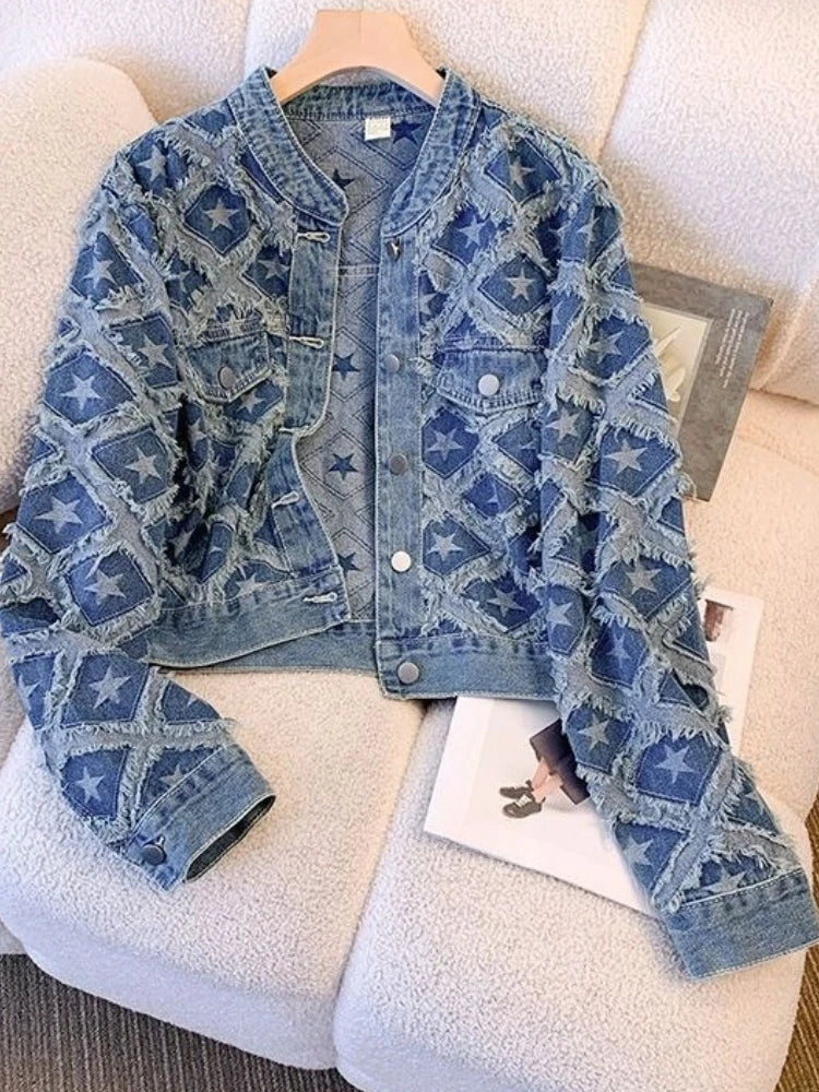 Denim Jacket Women Autumn New InTassel Short Jacket Top Fashion Loose Outerwear Single Breasted Long Sleeved Casual Jeans Coat