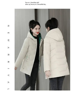 Winter Fashion Women Mid Length Down Cotton Jacket Loose Thick Warm Padded Coat Hooded Parkas