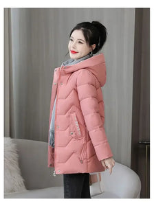 Winter Fashion Women Mid Length Down Cotton Jacket Loose Thick Warm Padded Coat Hooded Parkas