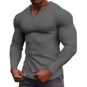 Winter Autumn Solid Color Slim Long Sleeve T-shirt Men's Small V-neck Breathable Sports Coat Waffle Cotton Casual Long Sleeve