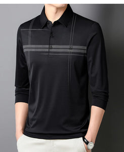 Men's  Warm  Long Sleeve Casual Polo  Business Style Stripe Printed Men's Top