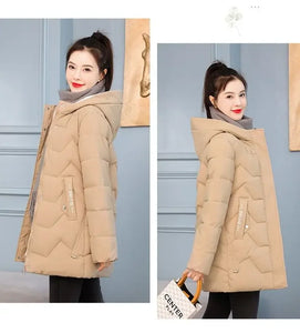 Winter Fashion Women Mid Length Down Cotton Jacket Loose Thick Warm Padded Coat Hooded Parkas