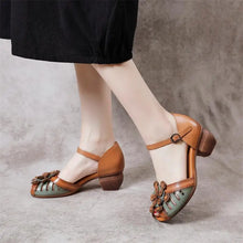 WOIZGIC Women Genuine Leather Sandals  Retro Flowers High Heel Buckle Strap