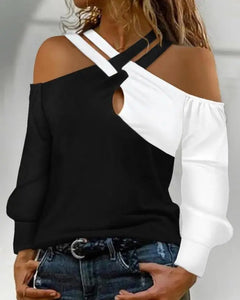 Women's  Color block Rhinestone Casual Long Sleeve  T-Shirt