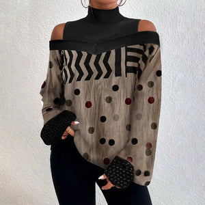 2024 Ladies Long Sleeve Turtleneck Tops Off Shoulder Hollow Out Loose