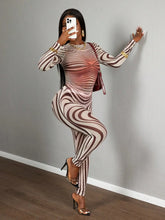 Sexy Sheer Mesh Zebra Print Bodycon Long Sleeve 2 Piece Set for Street Style Festivals Parties