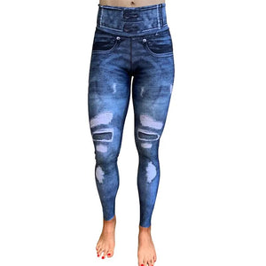 FCCEXIO Grey Denim 3D Print Women Push Up Running Sports Leggings Jeans Pattern