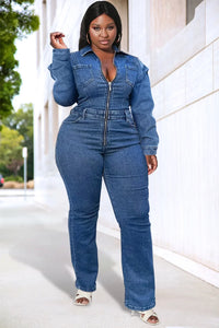 Women Plus Size Jumpsuit Blue Long Sleeve Denim Zip Jumpsuit Spring Autumn Bodysuit