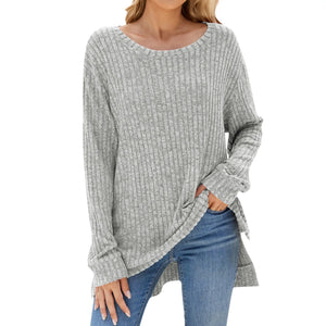 Fashion Casual Solid Color  Neck Long Sleeve Women Pullover Top