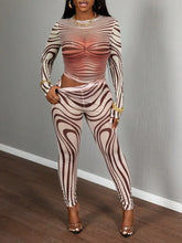Sexy Sheer Mesh Zebra Print Bodycon Long Sleeve 2 Piece Set for Street Style Festivals Parties