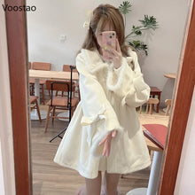 Autumn Winter Warm Lolita Style Woolen Coat Women Sweet Faux Fur Plush Patchwork Loose Jacket  Female Casual Outwear Tops