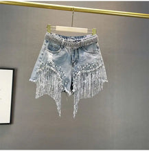 Denim Shorts Women's 2025 Summer Clothes New European High Waist Thin Heavy Industry Beaded Sequined Fringed Broken Copper Jeans
