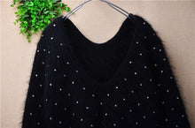 Ladies Women Fall Winter Clothes Black Hairy Beading Three Quarter Sleeves V-Neck Slim Blouses Pullover Sweater Jumper Pull Tops