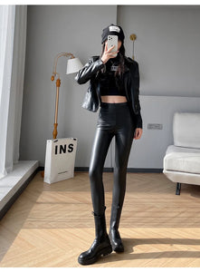 Autumn Winter Women's Leggings Pu Leather Pants Push Up Trousers Warm Black High Waist Tights