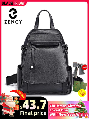 Zency Genuine Leather Women's Fashion Backpack High Quality School Travel Shoulder Bags Satchel Rucksack Multifunctional Pockets