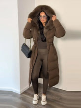 Winter Women Long Down Jacket Fur Hooded Zipper Brown Black Drawstring Padded Cotton Coats Fashion Lady All-matching Outerwear