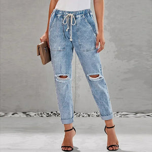 European and American denim straight leg pants with elastic oversized women's jeans ripped