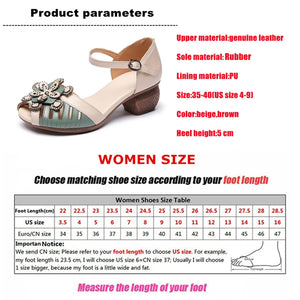 WOIZGIC Women Genuine Leather Sandals  Retro Flowers High Heel Buckle Strap