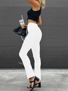 Curvy Slit Hem Jeans Women Slim Fit Stretch Pencil Pants Elastic High Waist Solid Color