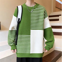 Autumn Winter Fashion Patchwork Striped Knit Pullovers Men Youthful Vitality O-Neck Loose Warm Knitted Sweater Casual Pullover