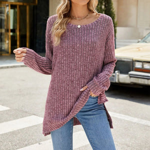 Fashion Casual Solid Color  Neck Long Sleeve Women Pullover Top