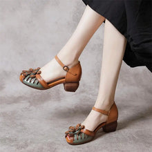 WOIZGIC Women Genuine Leather Sandals  Retro Flowers High Heel Buckle Strap