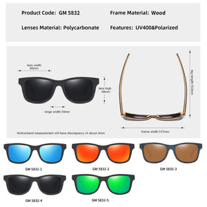 GM Men Polarized Black Skateboard Wood Sunglasses Retro Vintage Eyewear