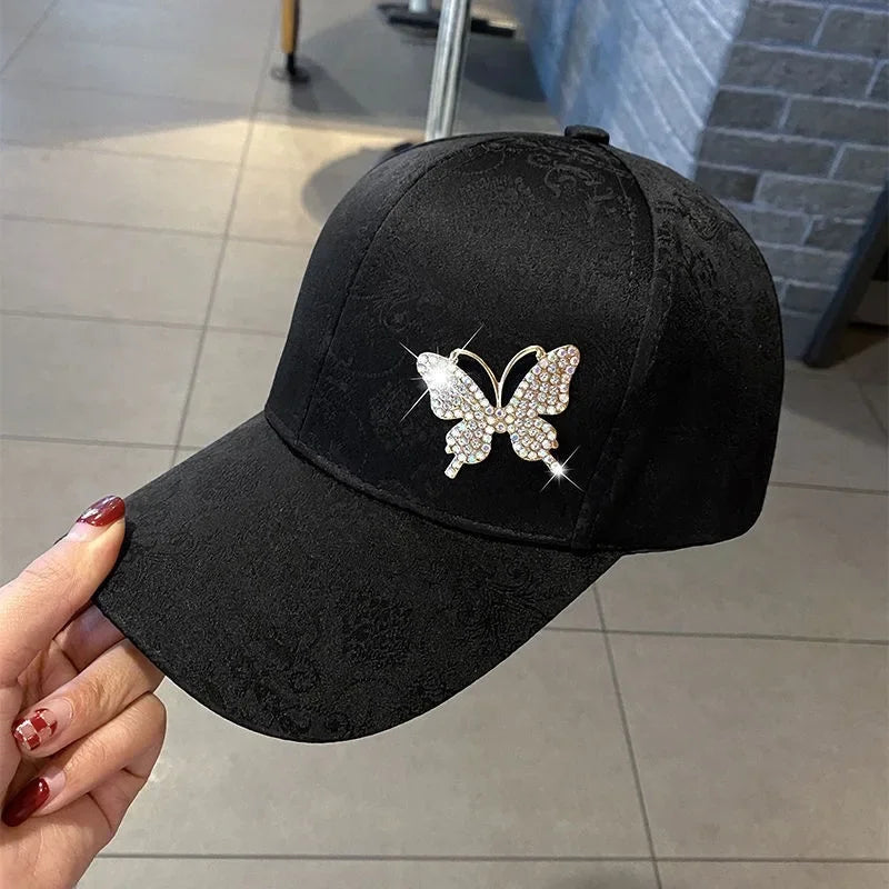 2025 New Ladies Fall New Versatile Cap Rhinestone Butterfly Sweat Absorbing Sunscreen Sun Hat Fashion Versatile Baseball Cap