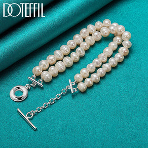 DOTEFFIL 925 Sterling Silver Double Natural Freshwater Pearl Chain Bracelet For Woman