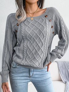 Women Casual Square Collar Buttons Long Sleeve Knitted Pullovers Sweaters