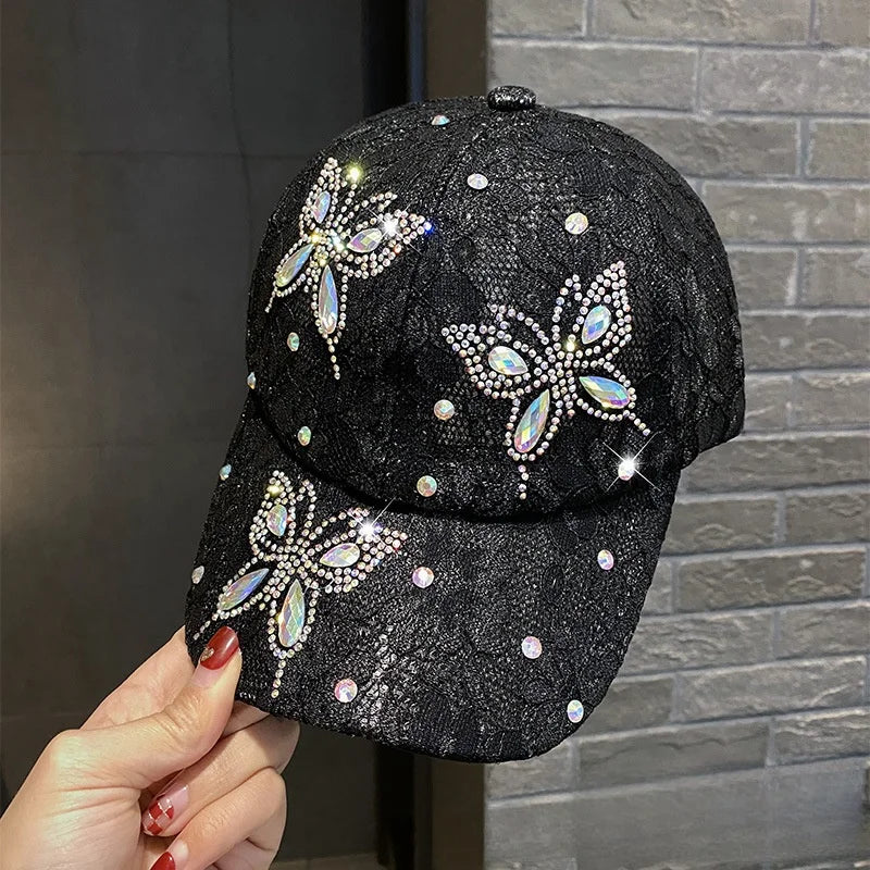 Lace Flowers Baseball Caps for Women Butterfly Rhinestone Breathable Mesh Snapback Hat Hip Hop Hat Fashion Sun Hat