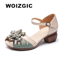 WOIZGIC Women Genuine Leather Sandals  Retro Flowers High Heel Buckle Strap