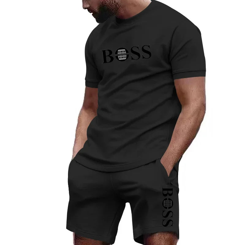 Men's two-piece sportswear, short sleeved T-shirt and pants set, running and fitness sportswear, summer