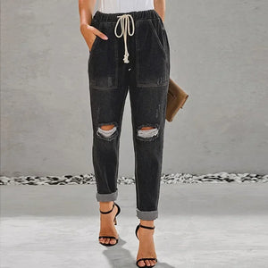 European and American denim straight leg pants with elastic oversized women's jeans ripped