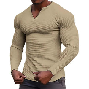 Winter Autumn Solid Color Slim Long Sleeve T-shirt Men's Small V-neck Breathable Sports Coat Waffle Cotton Casual Long Sleeve