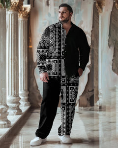 L-9XL Plus Size Men's Business Classical Vintage Traditional Floral Pattern Long Sleeve Shirt Straight Pants Suit ZOOY