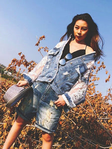 Lace Denim Jackets for Women Streetwear Patchwork Frayed Edges