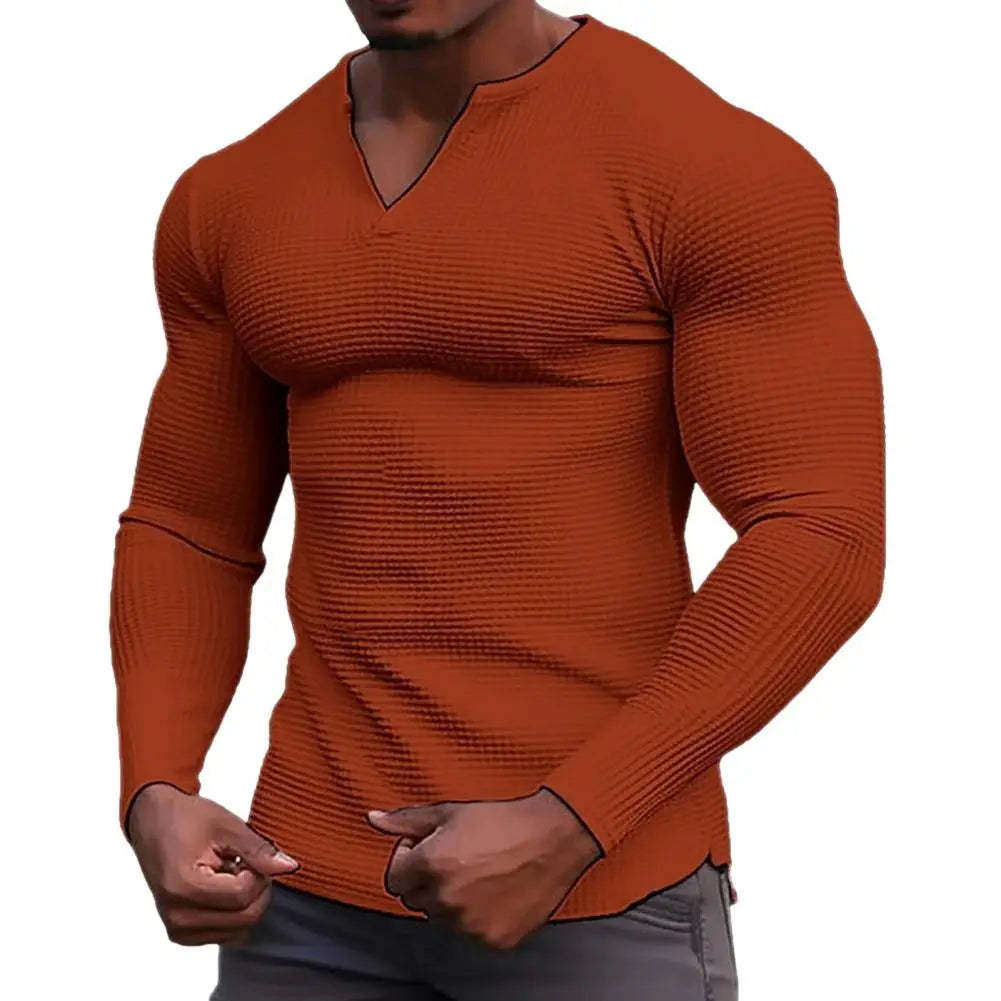 Winter Autumn Solid Color Slim Long Sleeve T-shirt Men's Small V-neck Breathable Sports Coat Waffle Cotton Casual Long Sleeve